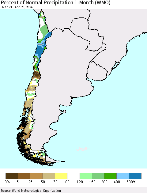 Chile Percent of Normal Precipitation 1-Month (WMO) Thematic Map For 3/21/2024 - 4/20/2024