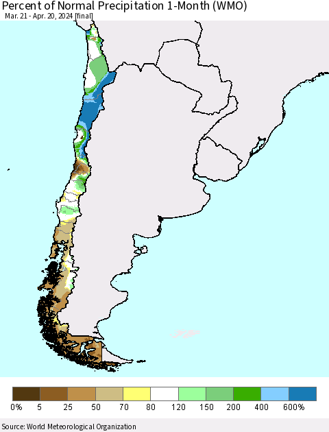Chile Percent of Normal Precipitation 1-Month (WMO) Thematic Map For 3/21/2024 - 4/20/2024
