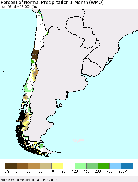 Chile Percent of Normal Precipitation 1-Month (WMO) Thematic Map For 4/16/2024 - 5/15/2024