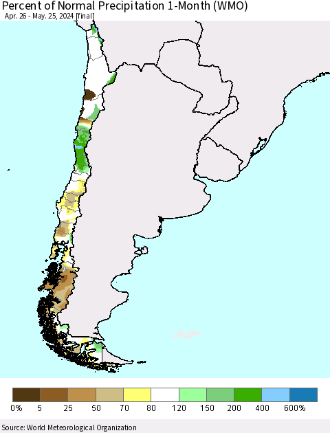 Chile Percent of Normal Precipitation 1-Month (WMO) Thematic Map For 4/26/2024 - 5/25/2024