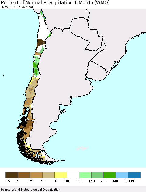 Chile Percent of Normal Precipitation 1-Month (WMO) Thematic Map For 5/1/2024 - 5/31/2024