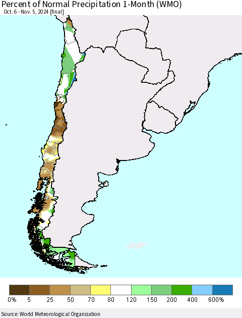 Chile Percent of Normal Precipitation 1-Month (WMO) Thematic Map For 10/6/2024 - 11/5/2024
