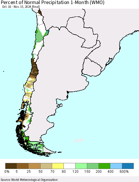 Chile Percent of Normal Precipitation 1-Month (WMO) Thematic Map For 10/16/2024 - 11/15/2024