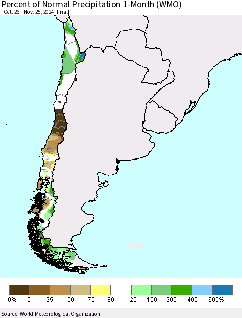 Chile Percent of Normal Precipitation 1-Month (WMO) Thematic Map For 10/26/2024 - 11/25/2024