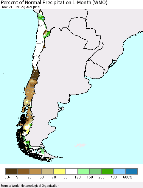Chile Percent of Normal Precipitation 1-Month (WMO) Thematic Map For 11/21/2024 - 12/20/2024