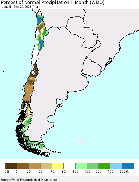 Chile Percent of Normal Precipitation 1-Month (WMO) Thematic Map For 1/21/2025 - 2/20/2025