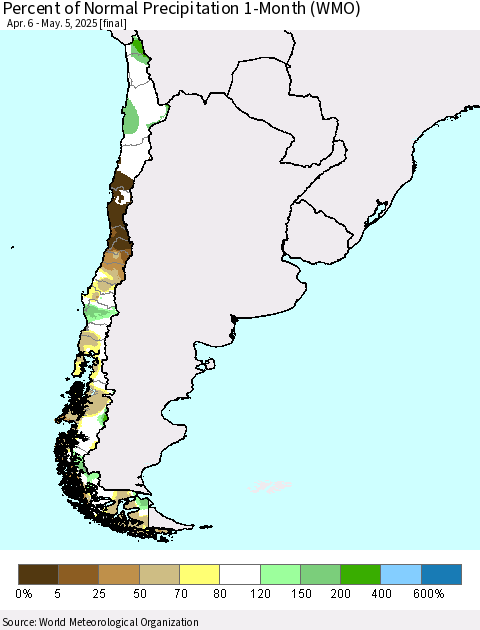 Chile Percent of Normal Precipitation 1-Month (WMO) Thematic Map For 4/6/2025 - 5/5/2025