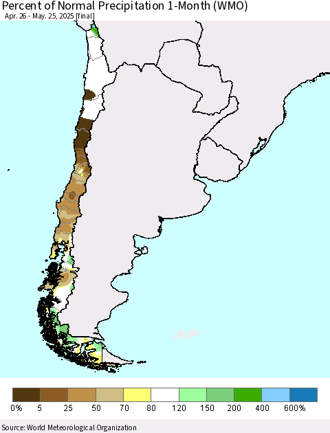 Chile Percent of Normal Precipitation 1-Month (WMO) Thematic Map For 4/26/2025 - 5/25/2025