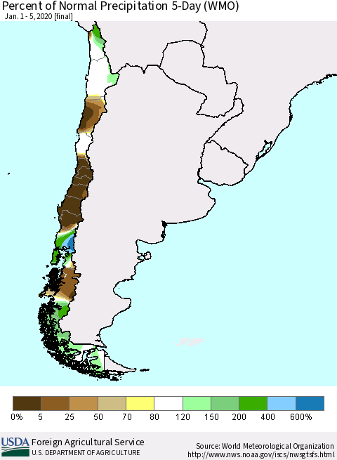 Chile Percent of Normal Precipitation 5-Day (WMO) Thematic Map For 1/1/2020 - 1/5/2020