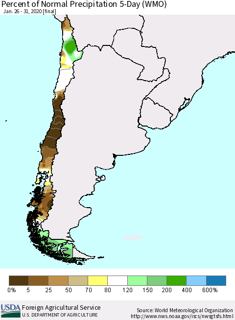 Chile Percent of Normal Precipitation 5-Day (WMO) Thematic Map For 1/26/2020 - 1/31/2020
