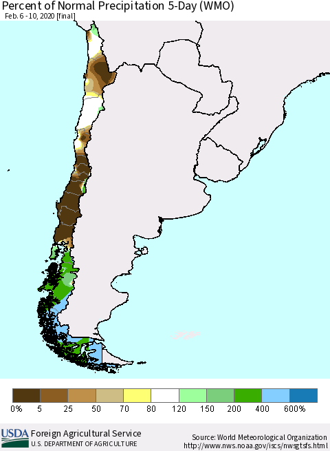 Chile Percent of Normal Precipitation 5-Day (WMO) Thematic Map For 2/6/2020 - 2/10/2020