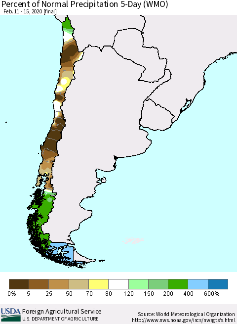 Chile Percent of Normal Precipitation 5-Day (WMO) Thematic Map For 2/11/2020 - 2/15/2020