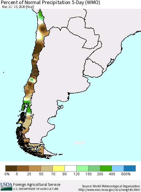 Chile Percent of Normal Precipitation 5-Day (WMO) Thematic Map For 3/11/2020 - 3/15/2020