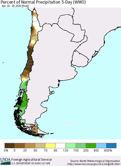 Chile Percent of Normal Precipitation 5-Day (WMO) Thematic Map For 4/16/2020 - 4/20/2020