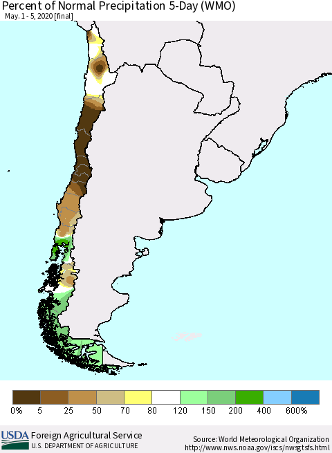 Chile Percent of Normal Precipitation 5-Day (WMO) Thematic Map For 5/1/2020 - 5/5/2020