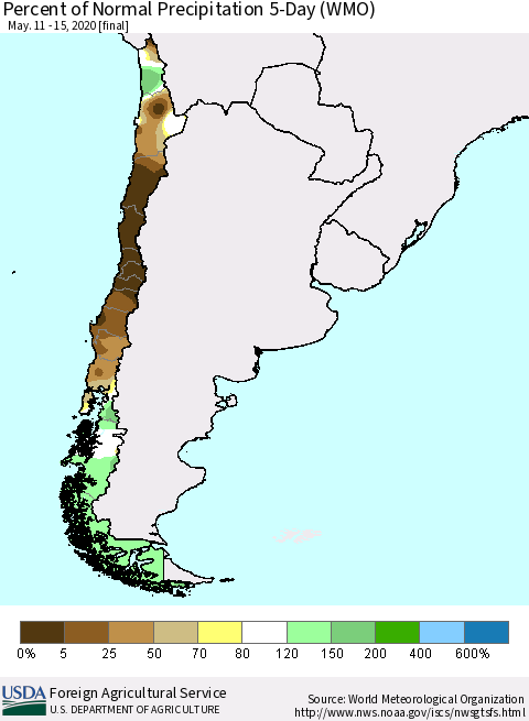 Chile Percent of Normal Precipitation 5-Day (WMO) Thematic Map For 5/11/2020 - 5/15/2020