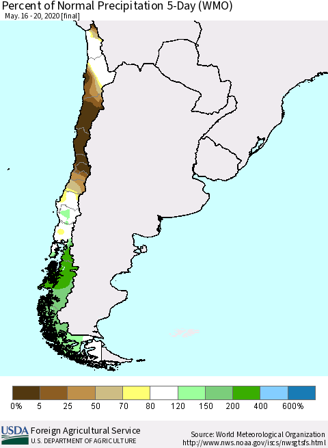 Chile Percent of Normal Precipitation 5-Day (WMO) Thematic Map For 5/16/2020 - 5/20/2020