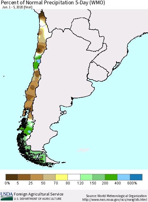 Chile Percent of Normal Precipitation 5-Day (WMO) Thematic Map For 6/1/2020 - 6/5/2020