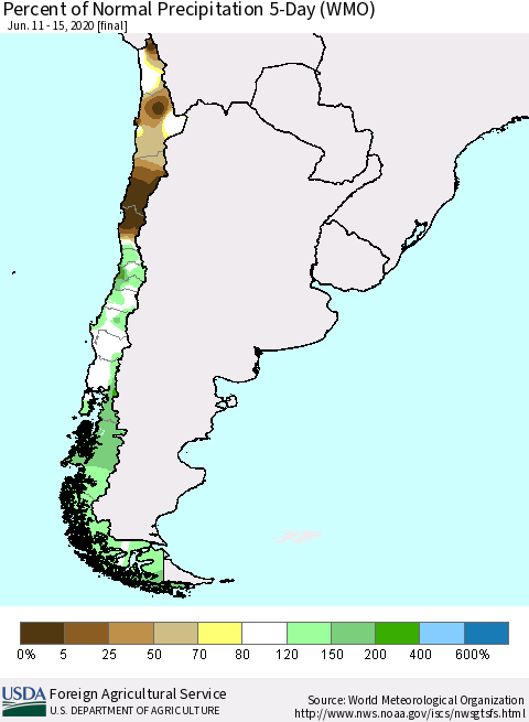 Chile Percent of Normal Precipitation 5-Day (WMO) Thematic Map For 6/11/2020 - 6/15/2020