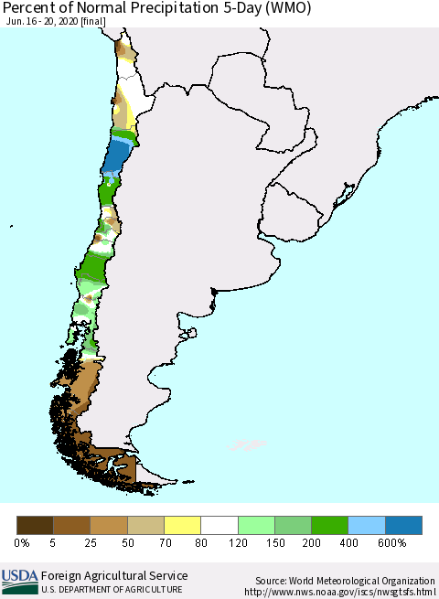 Chile Percent of Normal Precipitation 5-Day (WMO) Thematic Map For 6/16/2020 - 6/20/2020