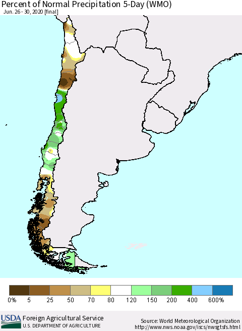 Chile Percent of Normal Precipitation 5-Day (WMO) Thematic Map For 6/26/2020 - 6/30/2020