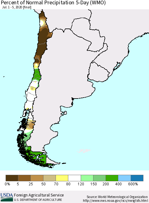 Chile Percent of Normal Precipitation 5-Day (WMO) Thematic Map For 7/1/2020 - 7/5/2020