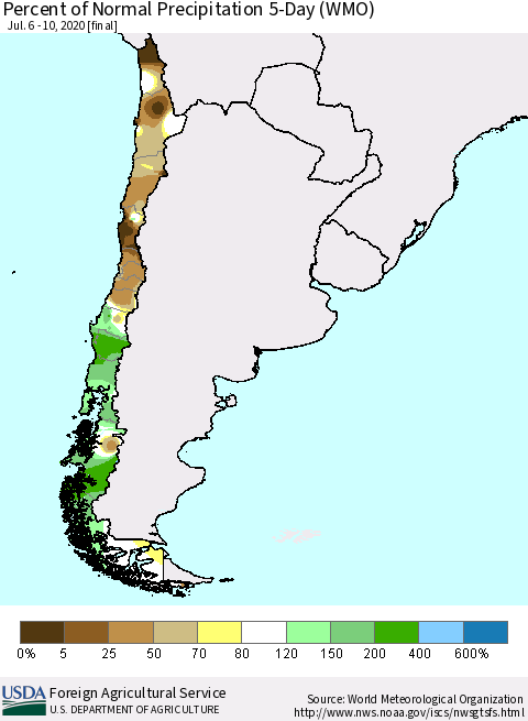 Chile Percent of Normal Precipitation 5-Day (WMO) Thematic Map For 7/6/2020 - 7/10/2020
