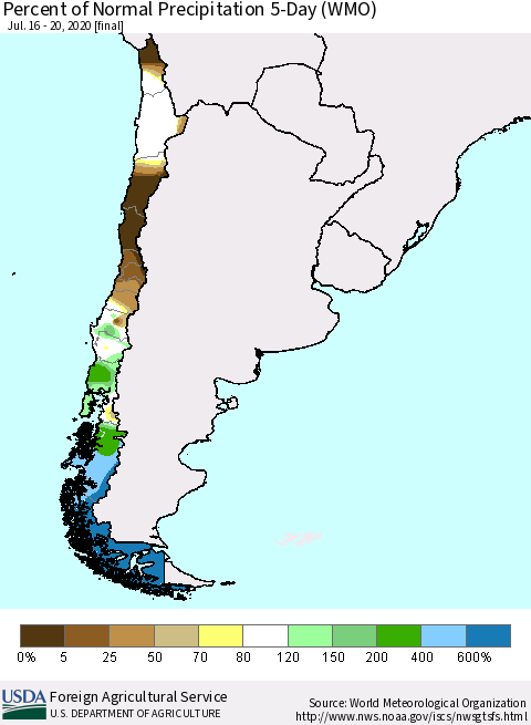 Chile Percent of Normal Precipitation 5-Day (WMO) Thematic Map For 7/16/2020 - 7/20/2020