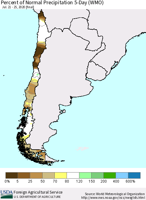 Chile Percent of Normal Precipitation 5-Day (WMO) Thematic Map For 7/21/2020 - 7/25/2020