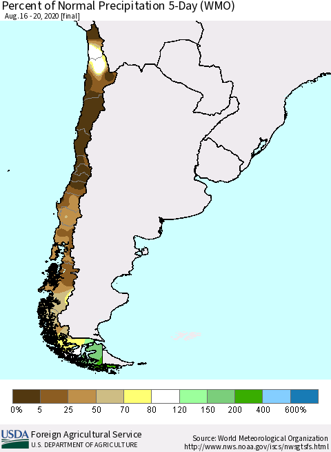 Chile Percent of Normal Precipitation 5-Day (WMO) Thematic Map For 8/16/2020 - 8/20/2020