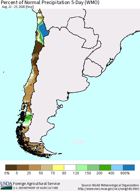 Chile Percent of Normal Precipitation 5-Day (WMO) Thematic Map For 8/21/2020 - 8/25/2020