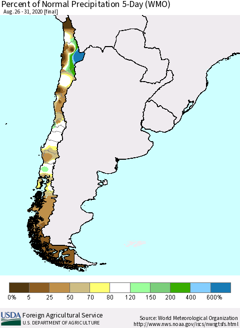 Chile Percent of Normal Precipitation 5-Day (WMO) Thematic Map For 8/26/2020 - 8/31/2020