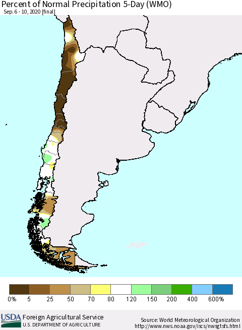 Chile Percent of Normal Precipitation 5-Day (WMO) Thematic Map For 9/6/2020 - 9/10/2020