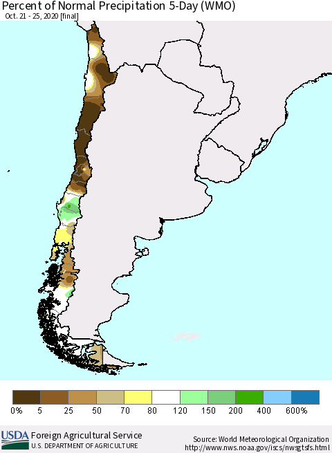 Chile Percent of Normal Precipitation 5-Day (WMO) Thematic Map For 10/21/2020 - 10/25/2020