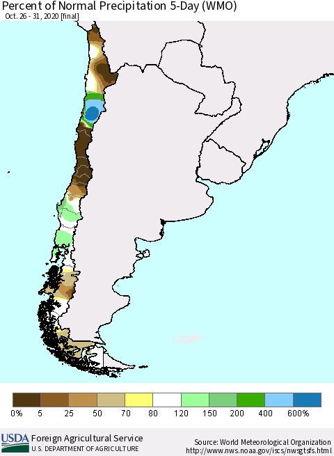 Chile Percent of Normal Precipitation 5-Day (WMO) Thematic Map For 10/26/2020 - 10/31/2020
