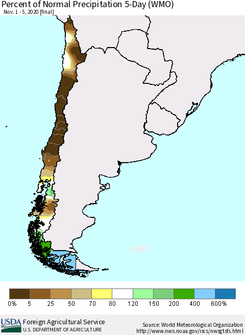 Chile Percent of Normal Precipitation 5-Day (WMO) Thematic Map For 11/1/2020 - 11/5/2020