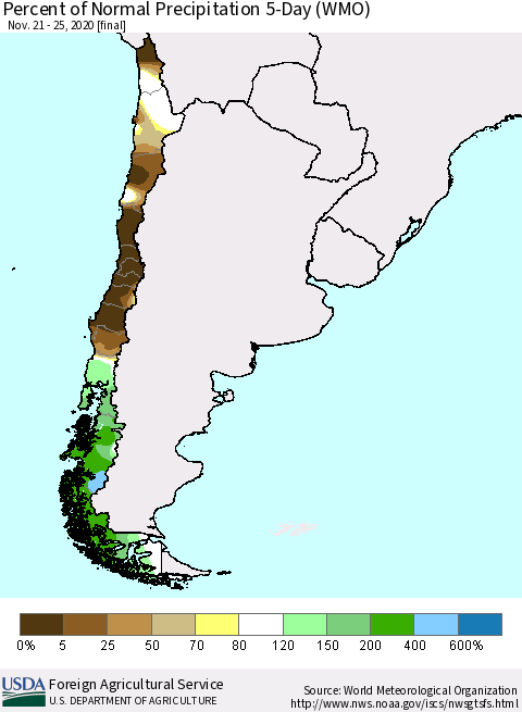 Chile Percent of Normal Precipitation 5-Day (WMO) Thematic Map For 11/21/2020 - 11/25/2020