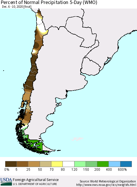 Chile Percent of Normal Precipitation 5-Day (WMO) Thematic Map For 12/6/2020 - 12/10/2020