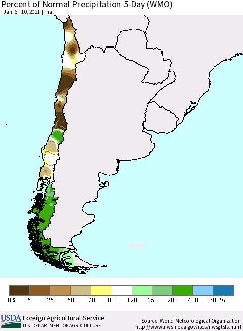 Chile Percent of Normal Precipitation 5-Day (WMO) Thematic Map For 1/6/2021 - 1/10/2021
