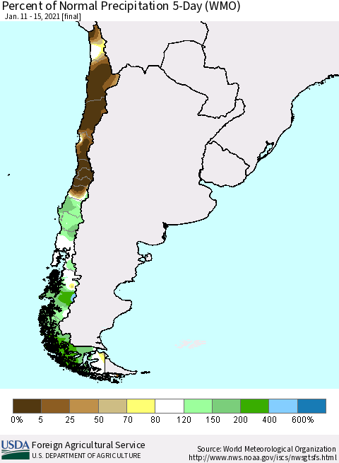 Chile Percent of Normal Precipitation 5-Day (WMO) Thematic Map For 1/11/2021 - 1/15/2021