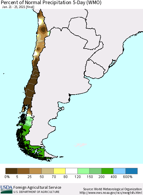 Chile Percent of Normal Precipitation 5-Day (WMO) Thematic Map For 1/21/2021 - 1/25/2021