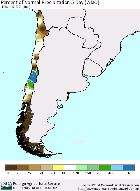 Chile Percent of Normal Precipitation 5-Day (WMO) Thematic Map For 2/1/2021 - 2/5/2021
