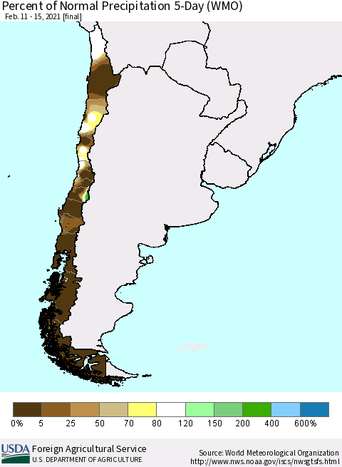 Chile Percent of Normal Precipitation 5-Day (WMO) Thematic Map For 2/11/2021 - 2/15/2021