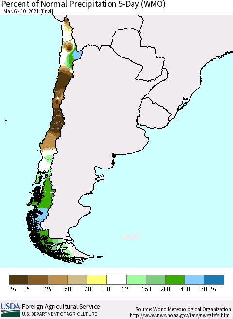 Chile Percent of Normal Precipitation 5-Day (WMO) Thematic Map For 3/6/2021 - 3/10/2021