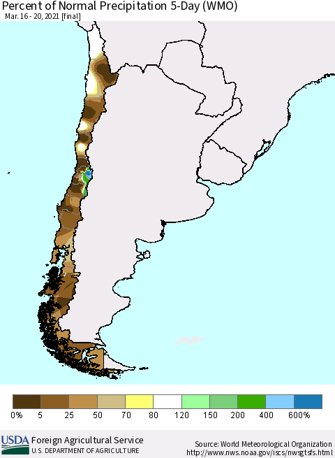 Chile Percent of Normal Precipitation 5-Day (WMO) Thematic Map For 3/16/2021 - 3/20/2021