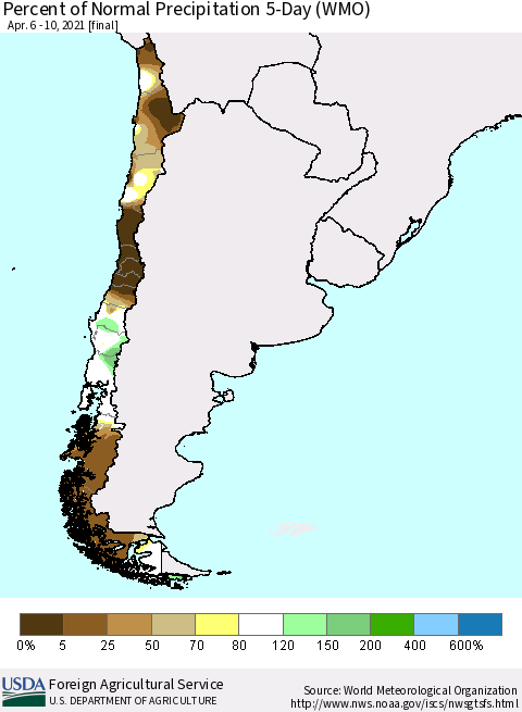 Chile Percent of Normal Precipitation 5-Day (WMO) Thematic Map For 4/6/2021 - 4/10/2021