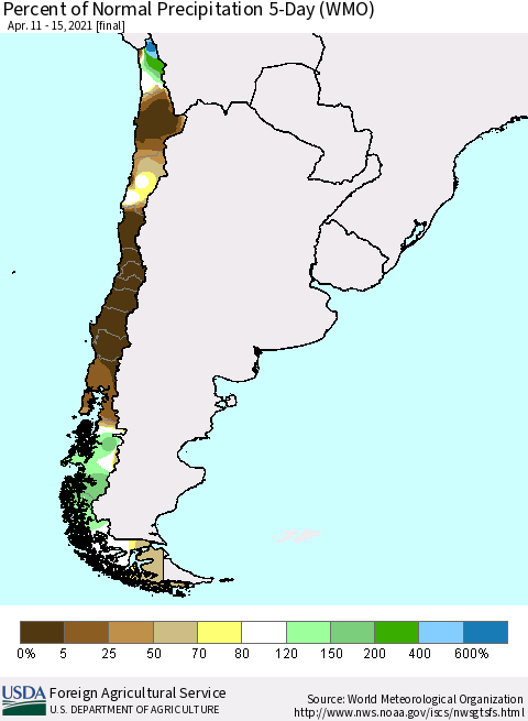 Chile Percent of Normal Precipitation 5-Day (WMO) Thematic Map For 4/11/2021 - 4/15/2021