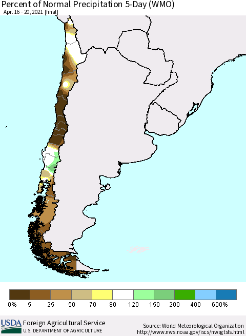 Chile Percent of Normal Precipitation 5-Day (WMO) Thematic Map For 4/16/2021 - 4/20/2021
