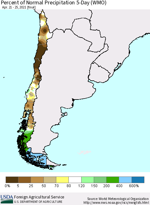 Chile Percent of Normal Precipitation 5-Day (WMO) Thematic Map For 4/21/2021 - 4/25/2021