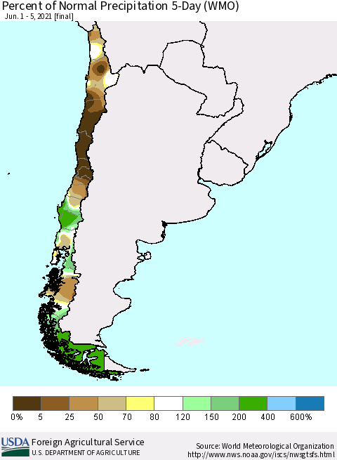 Chile Percent of Normal Precipitation 5-Day (WMO) Thematic Map For 6/1/2021 - 6/5/2021